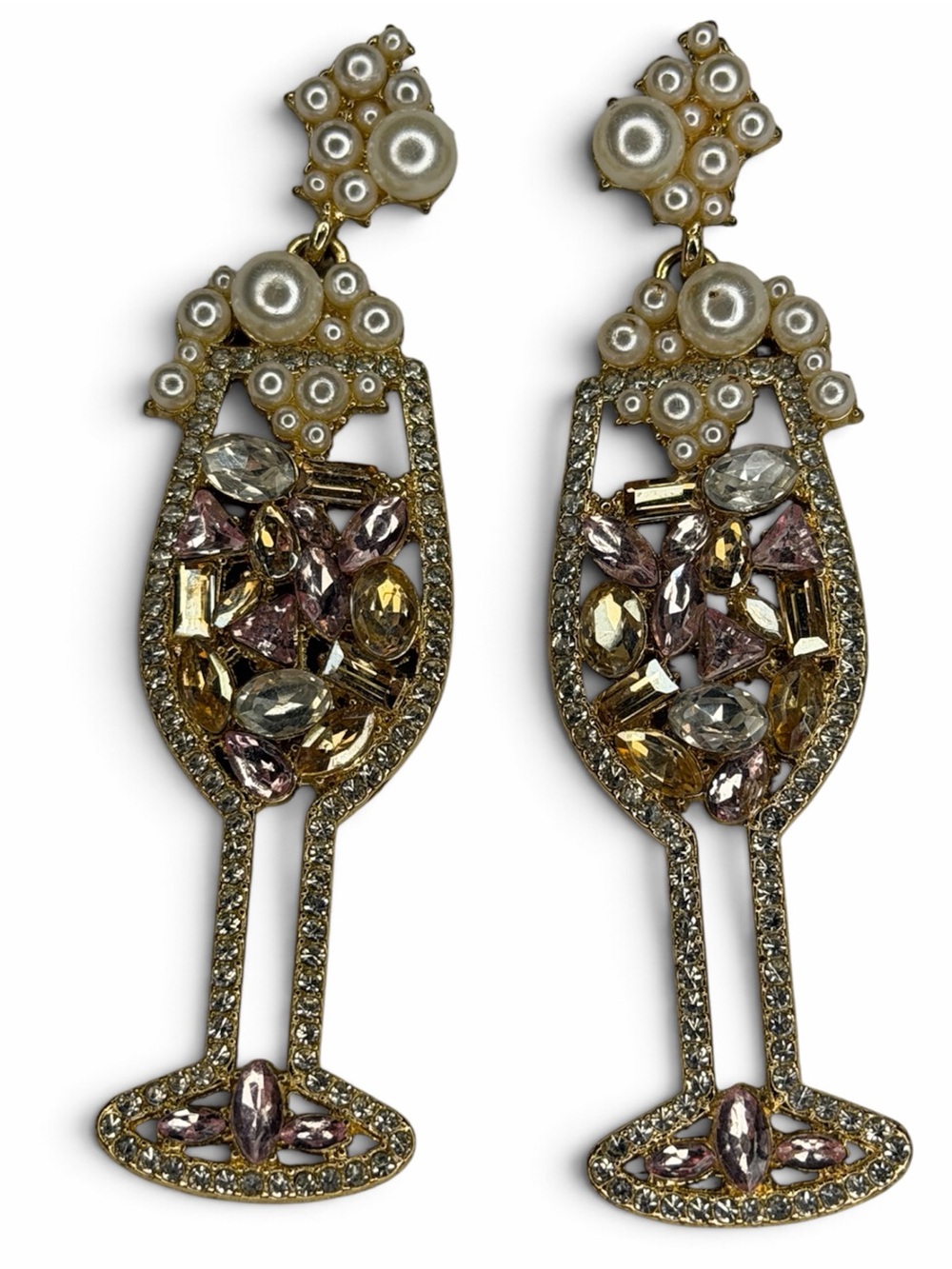 Gold-Tone Pearl & Multi-Stone Champagne Glass Drop Earrings